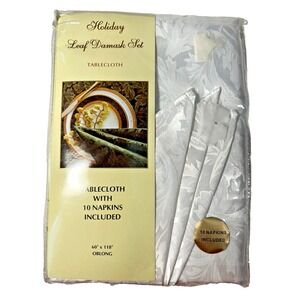 2003 Avonhome White Holiday Leaf Damask Set Tablecloth W/10 Naps 60x118 Oblong